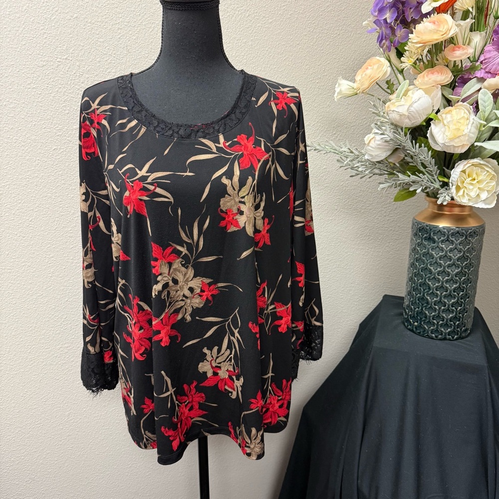 Catherines Floral Lace Trim Blouse OX 14/16W Black Red Beige Stretchy Top